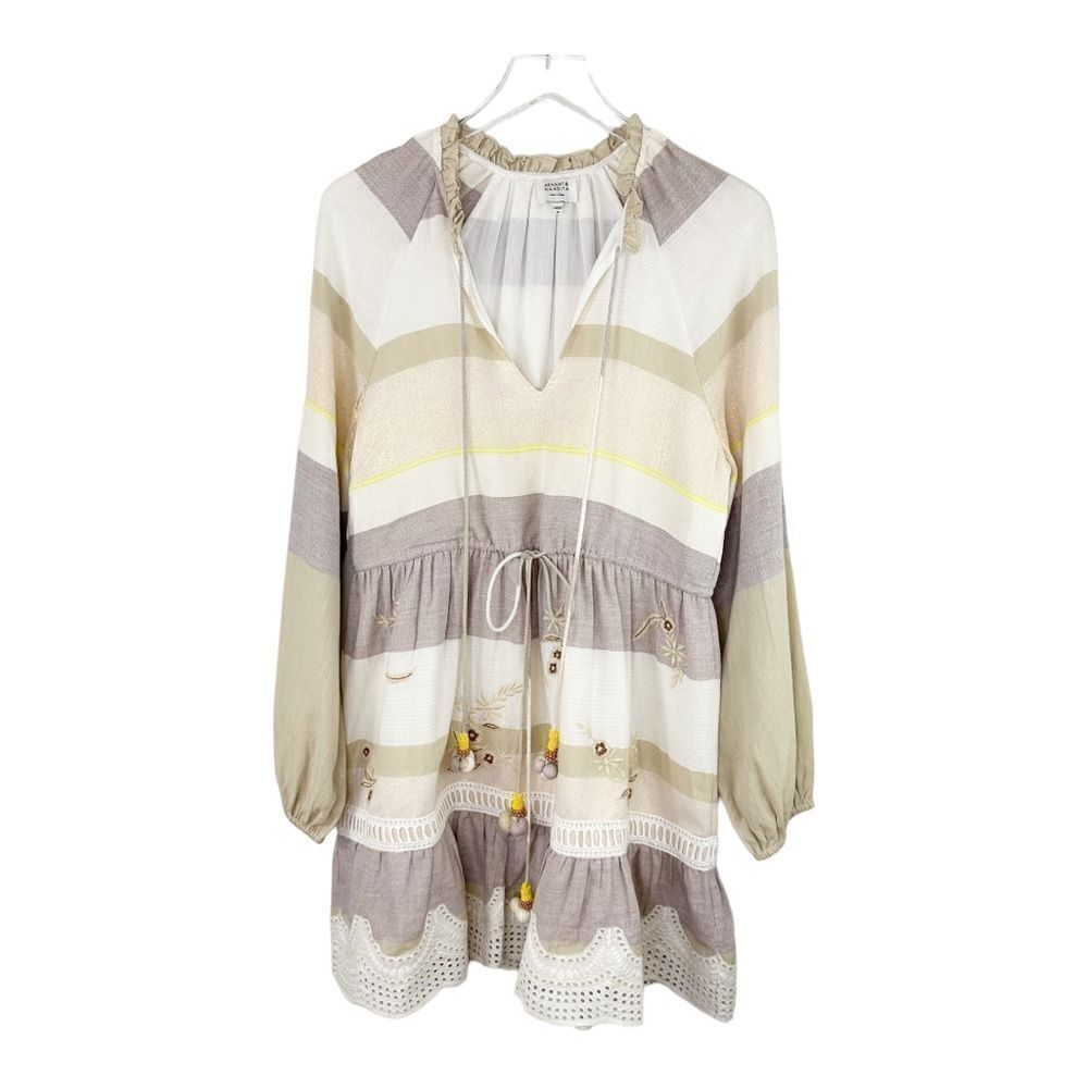Hemant & Nandita Ivory Color Block Long‎ Sleeve Line Embroidered Tassel Dress